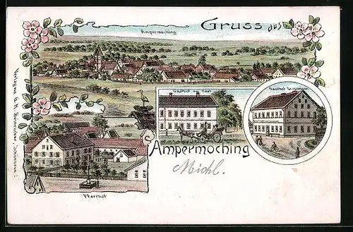 Lithographie Ampermoching, Gasthof Grossmann, Gasthof zur Post, Pfarrhof