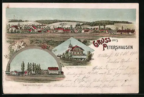 Lithographie Petershausen, Gasthof Knorrs Jagdhaus, Bahnhofstrasse