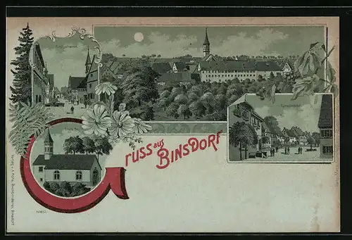 Mondschein-Lithographie Binsdorf, Loretto, Turmstrasse, Kirchstrasse