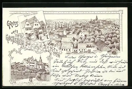 Lithographie Gochsheim, Gasthof zur Kanne, Altes Schloss