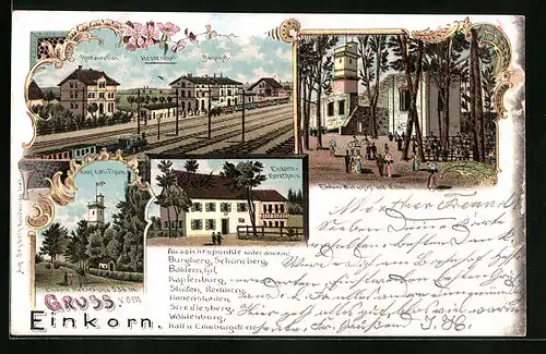 Lithographie Hessenthal, Bahnhof und Restaurant, Einkorn-Gasthof mit Ruine, Einkorn-Forsthaus