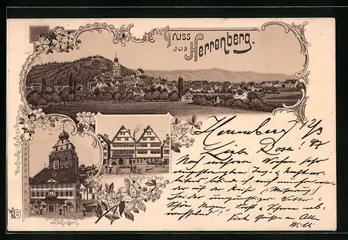Lithographie Herrenberg, Gasthof zur Post, Rathaus mit Kirche und Schlossberg