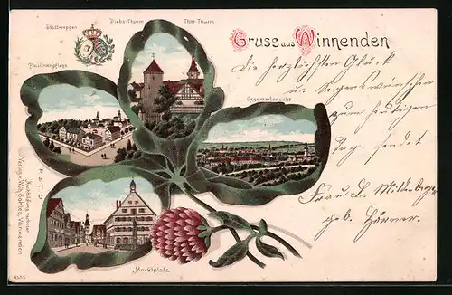 Passepartout-Lithographie Winnenden, Paulinenpflege, Diebs-Thurm und Thor-Thurm, Marktplatz, Kleeblatt