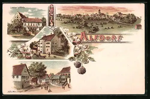 Lithographie Alfdorf, Strassenpartie an der Buchbinderei Müller, Oberes und unteres Schloss
