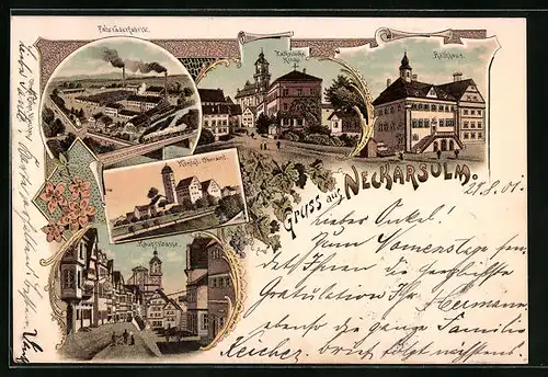 Lithographie Neckarsulm, Fahrräderfabrik, Katholische Kirche, Rathaus, Katholische Kirche, Hauptstrasse
