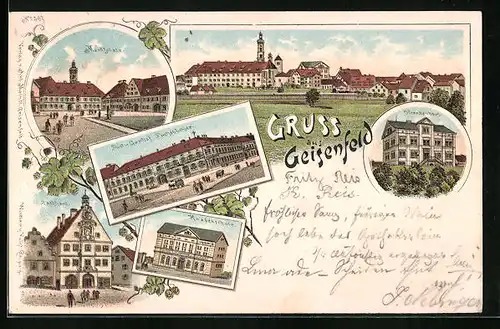 Lithographie Geisenfeld, Post und Gasthof Fuchsbüchler, Krankenhaus, Knabenschule