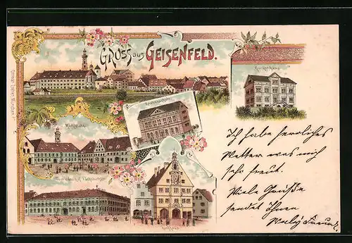 Lithographie Geisenfeld, Post und Gasthof Fuchsbüchler, Krankenhaus, Knabenschule, Rathaus