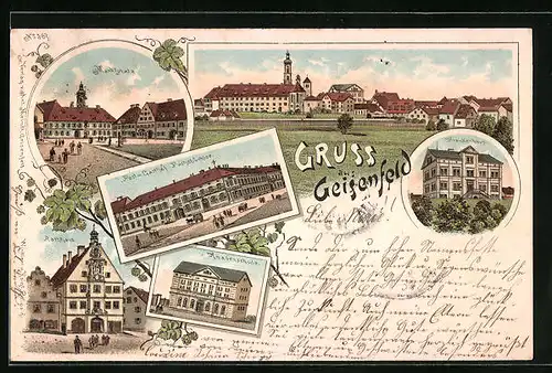 Lithographie Geisenfeld, Post und Gasthof Fuchsbüchler, Krankenhaus, Knabenschule, Marktplatz