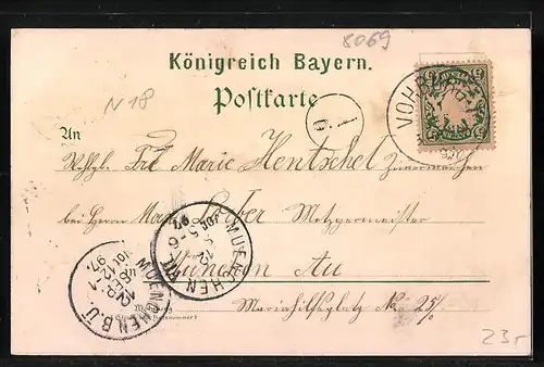 Lithographie Geisenfeld, Post und Gasthof Fuchsbüchler, Krankenhaus, Knabenschule, Marktplatz