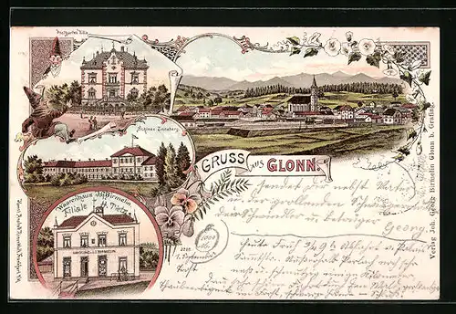 Lithographie Glonn, Warenhaus von I. G. Birmelin, Postgarten Villa, Schloss Zinneberg