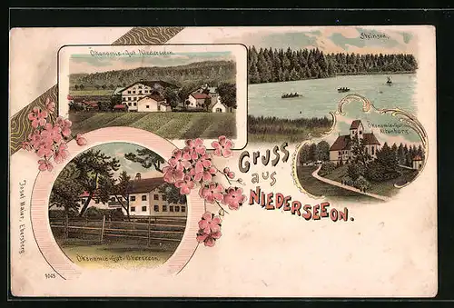 Lithographie Niederseeon, Ökonomie-Gut Niederseeon, Altenburg und Oberseeon