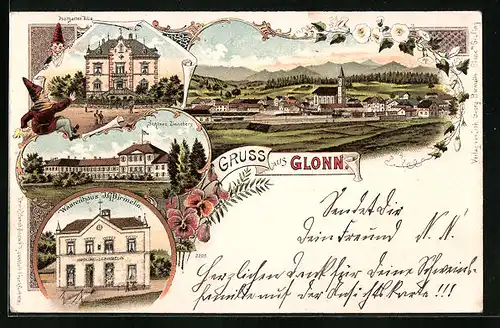 Lithographie Glonn, Warenhaus Birmelin, Schloss Zinneberg, Postgarten-Villa
