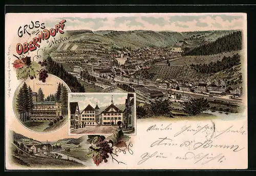 Lithographie Oberndorf, Ortsansicht aus der Vogelschau, Schützenhaus, Marktplatz