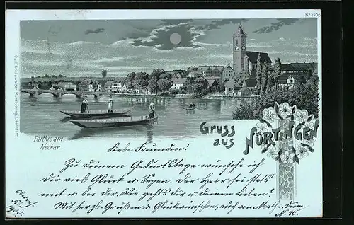 Mondschein-AK Nürtingen, Parthie am Neckar mit Kähnen