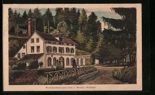 Künstler-AK Wildbad, Rennbachbrauerei von J. Wetzel