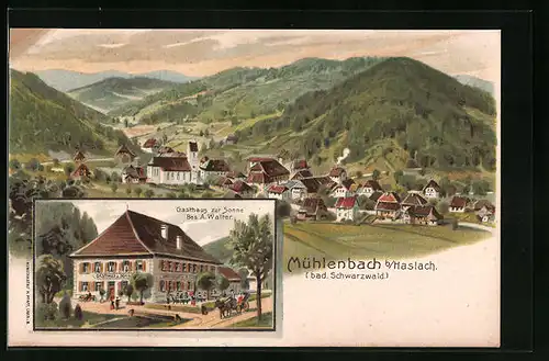 Lithographie Mühlenbach bei Haslach /Schwarzw., Ortsansicht aus der Vogelschau, Gasthaus zur Sonne