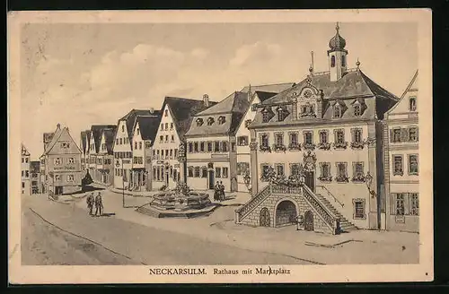 Künstler-AK sign. Hans Pernat: Neckarsulm, Rathaus mit Marktplatz und Haus Victor Ihlein