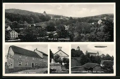 AK Aschhausen, Ortsansicht aus der Vogelschau, Gasthaus zum Hirschen, Schloss von Graf Zeppelin, Zeppelin