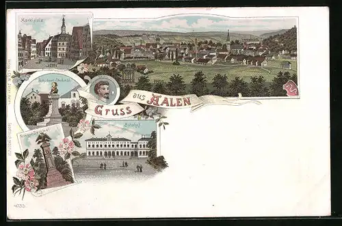 Lithographie Aalen, Bahnhof, Schubart-Denkmal, Marktplatz