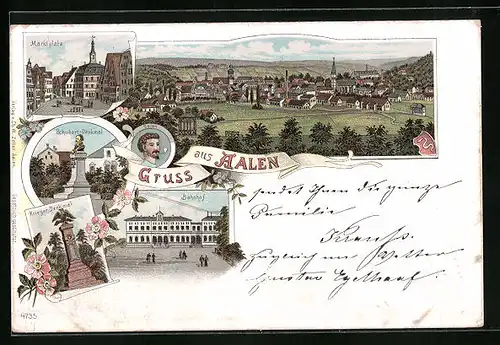 Lithographie Aalen, Kriegerdenkmal, Bahnhof, Schubart-Denkmal, Marktplatz