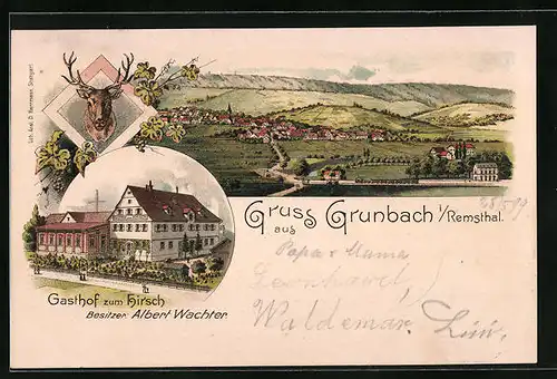 Lithographie Grunbach i. Remsthal, Gasthof zum Hirsch, Ortsansicht