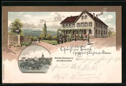 Lithographie Buoch, Gasthaus zur Krone, Ortsansicht