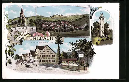 Lithographie Uhlbach, Gasthaus zum grünen Baum, Kernen Thurm