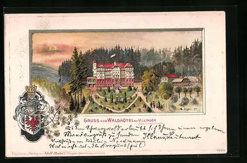 Passepartout-Lithographie Villingen /Bad. Schwarzwald, Waldhotel aus der Ferne, Wappen