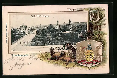 Passepartout-Lithographie Freudenstadt, Strassenpartie an der Kirche, Jagdhund mit Beute und Wappen