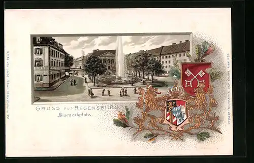 Passepartout-Lithographie Regensburg, Strassenpartie am Bismarckplatz, Wappen