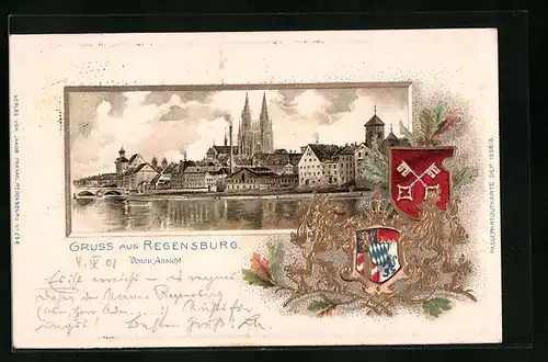 Passepartout-Lithographie Regensburg, Donauansicht mit Dom St. Peter, Wappen