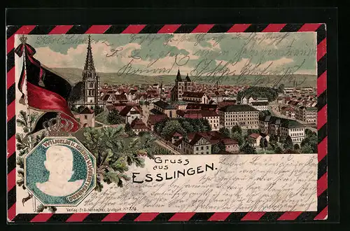 Passepartout-Lithographie Esslingen, Gesamtansicht mit Portrait von Wilhelm II. König von Württemberg, Wappen