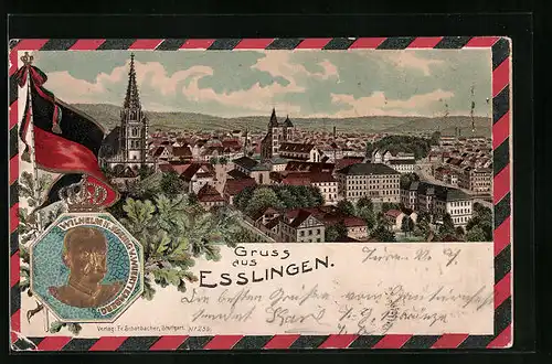 Passepartout-Lithographie Esslingen, Gesamtansicht mit Portrait von Wilhelm II. König von Württemberg, Wappen