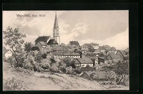 Künstler-AK sign. Hans Pernat: Wegscheid /Bayr. Wald, Blick auf die Dächer der Stadt