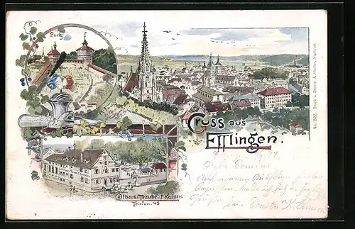 Lithographie Esslingen, Gasthaus zur Traube, Burg, Gesamtansicht
