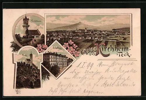Lithographie Kirchheim /Teck, Teckturm, Schulhaus, Totalansicht