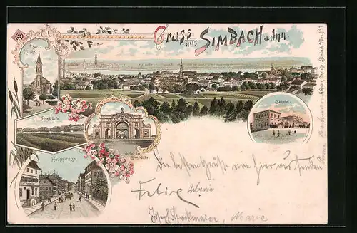 Lithographie Simbach /Inn, Pfarrkirche, Portal der Innbrücke, Hauptstrasse, Bahnhof, Totalansicht