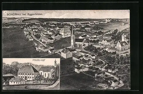 Künstler-AK Schönau b. Eggenfelden, Gesamtansicht aus der Vogelschau, Pfarrhof