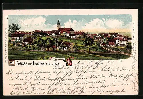 Lithographie Landau a. Isar, Teilansicht mit Kirche