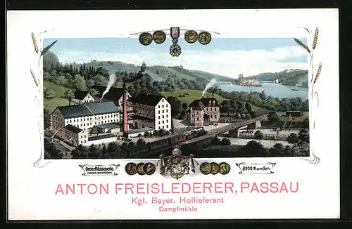 AK Passau, Anton Freislederer Kgl. Bayer. Hoflieferant, Dampfmühle, Dreiflüsseperle