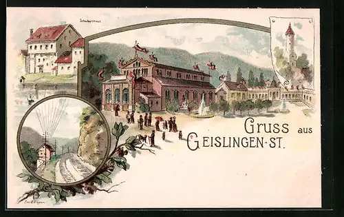 Lithographie Geislingen-St., Schubarthaus, Turm, Ortspartie
