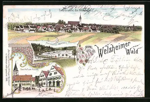 Lithographie Welzheim, Welzheimer Wald, Gasthof zum Rössle, Ebnisee, Totalansicht