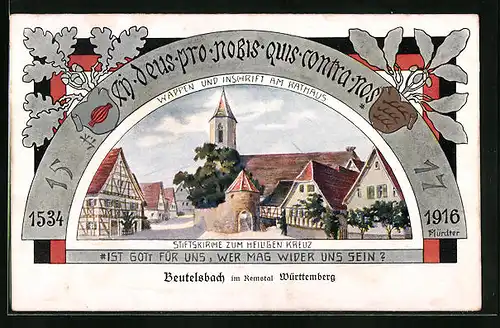 Künstler-AK Beutelsbach im Remstal /Württemberg, Stiftskirche Zum Heiligen Kreuz, Wappen und Inschrift am Rathaus