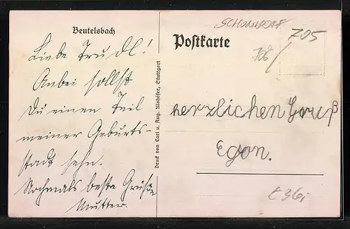 Künstler-AK Beutelsbach im Remstal /Württemberg, Stiftskirche Zum Heiligen Kreuz, Wappen und Inschrift am Rathaus