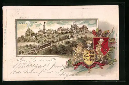 Passepartout-Lithographie Degerloch, Ortspartie mit Eisenbahn, Wappen