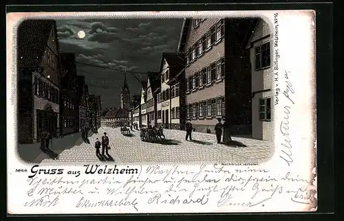 Mondschein-Lithographie Welzheim, Ortsansicht mit Kirche