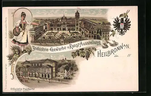 Lithographie Heilbronn a. N., Industrie-Gewerbe u. Kunst-Ausstellung mit Dame in Tracht