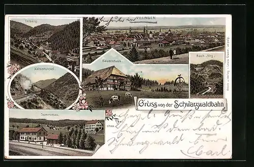 Lithographie Villingen /Schwarzwald, Totalansicht mit Bauernhaus und Kaisertunnel