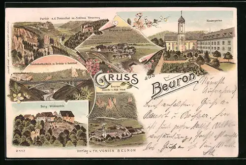 Lithographie Beuron, Kostergarten, Bahnhof und Burg Wildenstein