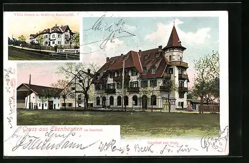 AK Ebenhausen i. Isarthal, Ansicht der Villa Sauer mit Schloss Rambaldi